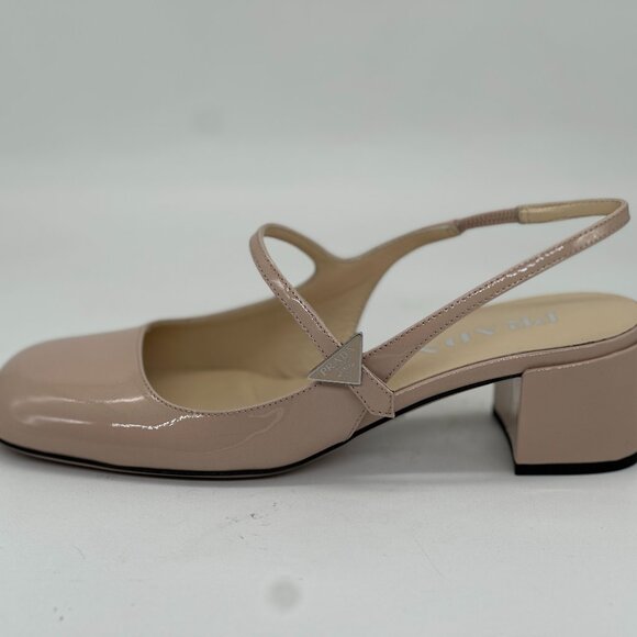 PRADA Decolette Logo Patent Leather Slingback Mary Jane Pumps Heel Sandals - Picture 3 of 15